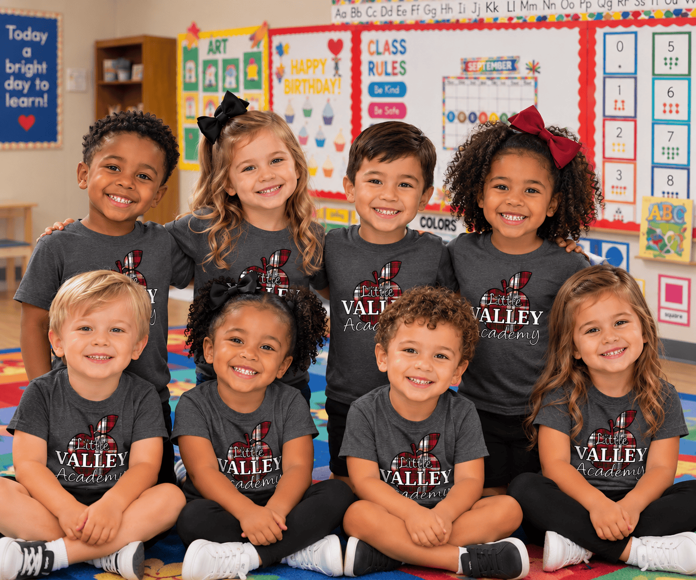 Little Valley Academy children wearing gray school shirts together in their classroom