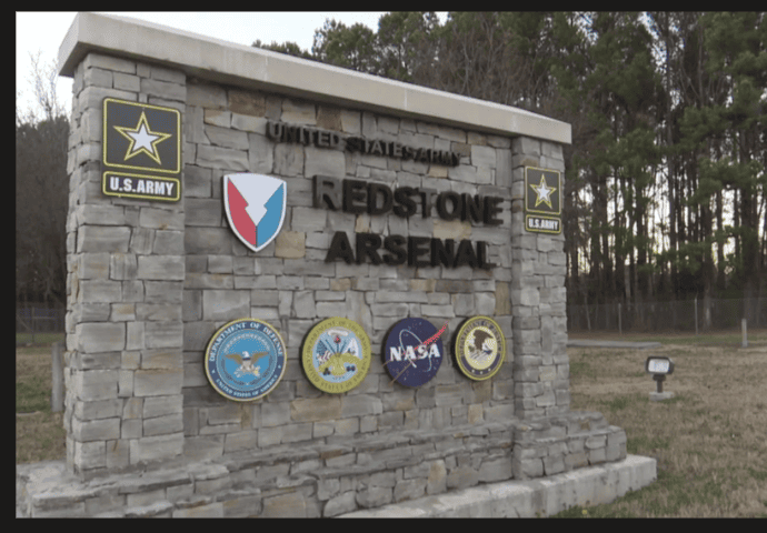 Redstone Arsenal entrance sign in Huntsville, Alabama